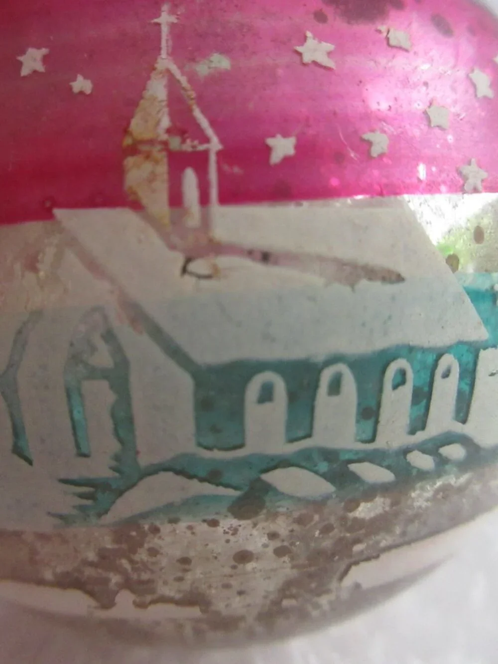 Shiny Brite Stencil Silent Night Pink Blue Striped Glass Christmas Ornament Vtg